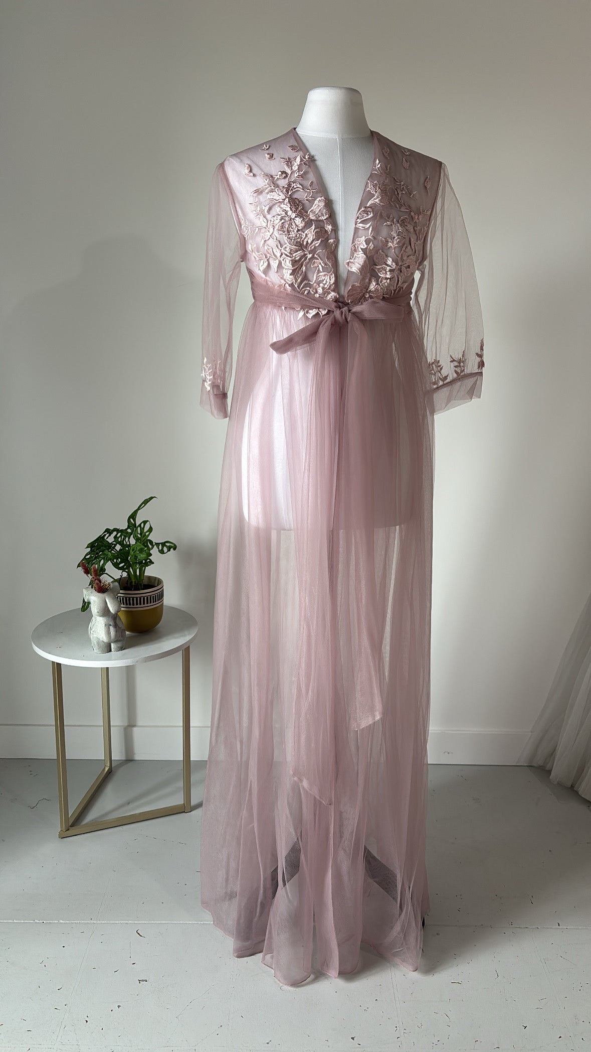 Mauve Embroidered Sheer Robe - Boudoir Closet Sale