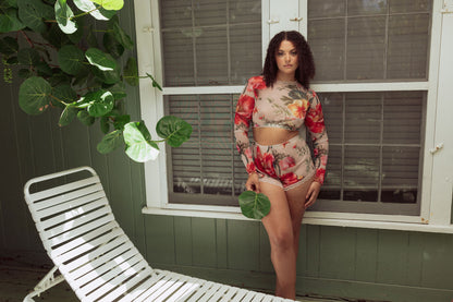 Summer Floral Mesh Crop Long Sleeve - 1 S left